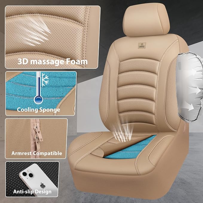 CAR PASS 3D Foam PU Leather Car Seat Covers, Universal Seat Covers Front 2 for Trucks SUV Sedan Automotive Seat Covers Armrest Airbag Compatible Waterproof Comfortable Faux Nappa Leather All Beige - Image 2