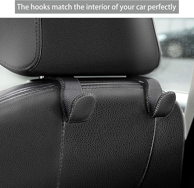 Headrest Hooks for Car, Back Seat Organizer Black Leather Hanger Holder Hook, for Hanging Purses and Bags and Coats, Pack of 2 - Image 2