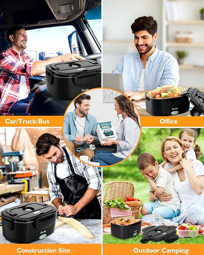 Eocolz Electric Lunch Box Food Heater 80-100W, Food Warmer with Dual Container 1.5L Portable Heated Lunch Box for Car Truck Work Stainless Steel Fork & Spoon 12/24/110V for Adults Lonchera Eléctrica - Image 4