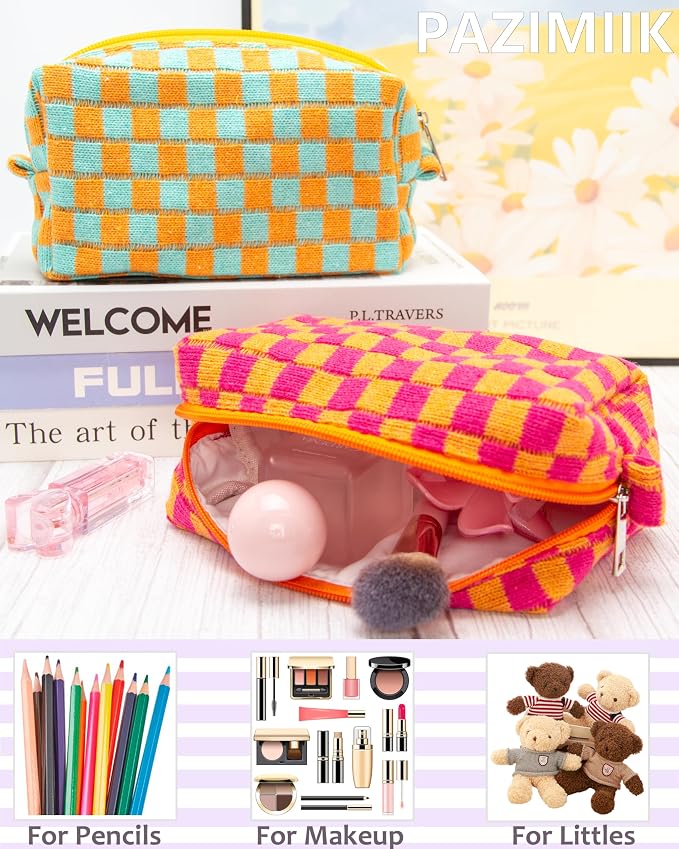Checkered Makeup Bag for Purse, Small Cosmetic Pouch,Red Orange,2 Pack | Cute Zipper Makeup Organizer for Women, Travel Essentials, Toiletries, Makeup Brushes, Beauty Accessories&Bridesmaid Gifts - Image 4
