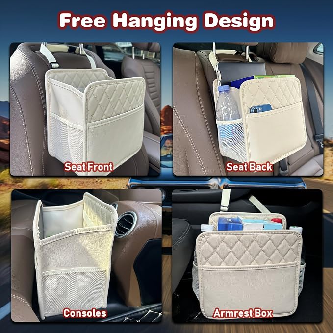 Witaxima Upgrade Car Seat Organizer Backseat with Storage Pockets, Multipurpose Car Organizer Hanging, Car Trash Bag Can,Premium PU Leather Garbage Can 2.14 Gallon Large Capacity Accessories Beige - Image 5