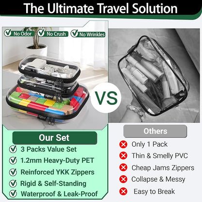 YQBRAO Clear Hard Shell Organizer Cases, Black, 3-Pack | Rigid 1.2 mm PET organizers with multi-size design for toiletries, travel storage, and everyday essentials - Image 2