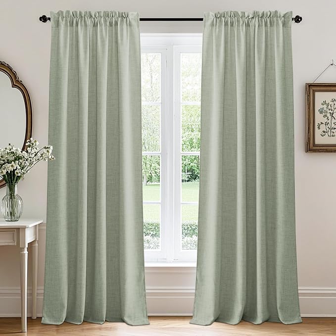 RYB HOME Linen Sheer Curtains and Drapes 84 inches Long for Living Room | Breathable, Weave Textured, Rod Pocket, for Bedroom, Semi Sheer, Sage Green, W52 x L84, 2 Panels Set by RYBHOME