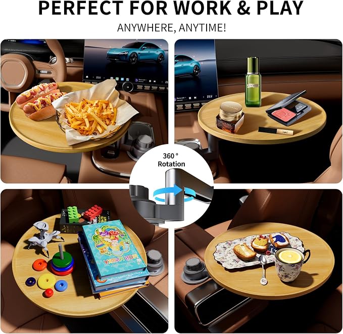 Car Tray & Car Desk for Laptop, 360° Rotating Wood Cup Holder Table, Steering Wheel Tray, Car Accessories for Women & Men,Compatible with Tesla Model Y/3/S, Ford F150/Explorer/Maverick & Most Vehicles - Image 6