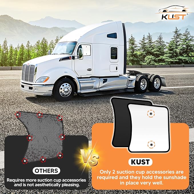 KUST 20''x16.9'' Side Window Sun Shade for Semi Truck, Kenworth T680 / T880 / W990 (All Years) Black&Silver Side Window Shade for T680 / T880 / W990, Sunshade with Suction Cup, Glare Sun UV Rays 2PCS - Image 4
