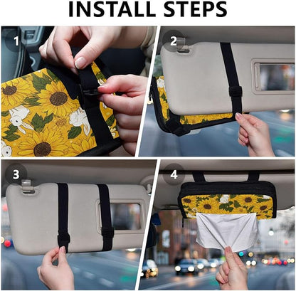 Car Tissue Holder Car Napkin Holder Car Tissue Box Dispenser Storage Case Sun Visor Mask Holder with Adjustable Straps Reusable Refillable Autumn Sunflower and Cute Rabbit - Image 4