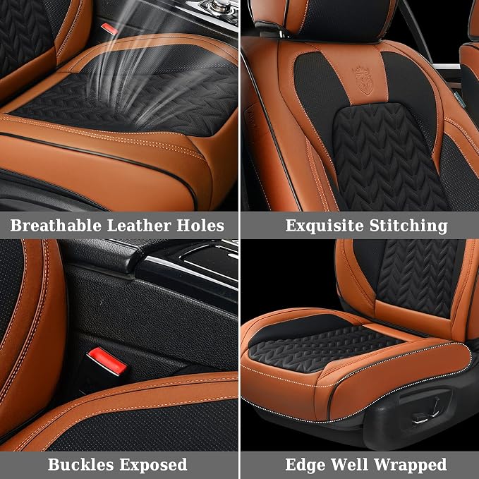 Coverado Seat Covers Full Set, 5 Seats Car Seat Cover, Front and Back Seat Covers for Cars, Breathable Faux Leather Car Seat Cushion, Car Seat Protector Universal Fit for Most Cars Vans, Brown - Image 6