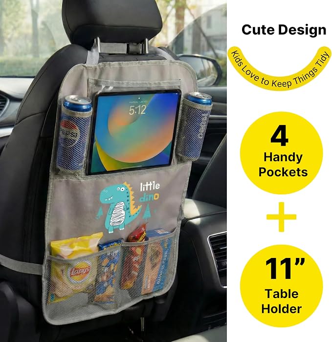 Backseat Car Organizer for Kids, Car Seat Organizer with 11” Touch Screen Tablet Holder, Rear Seat Storage Bag with Drink Pockets, Anti-Kick Seat Back Protector for Travel (Gray Dinosaur) - Image 3