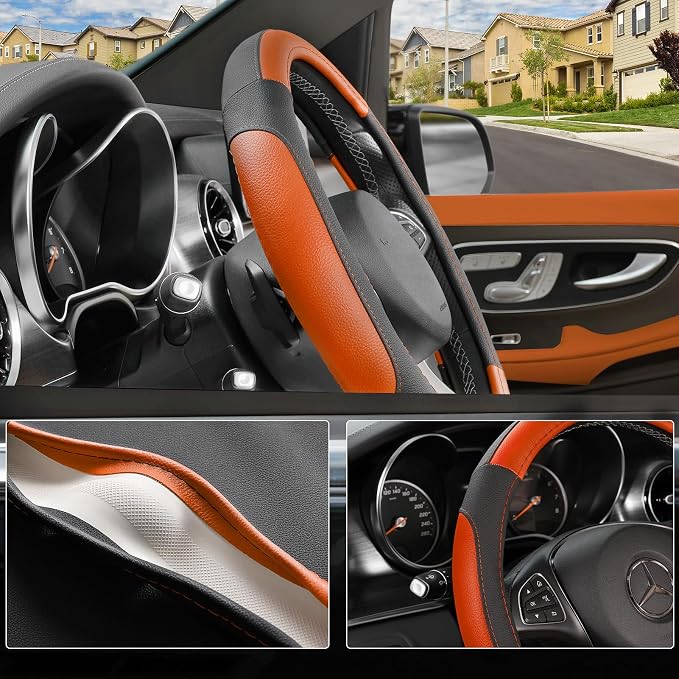 SEG Direct Steering Wheel Cover 14.5-15 inch Car Auto Interior Accessories | Universal Medium Standard Size 37-39cm for Car Truck SUV, Microfiber Leather, Anti-Slip Comfortable Grip, Black and Orange - Image 3