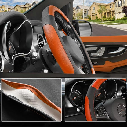 SEG Direct Steering Wheel Cover 14.5-15 inch Car Auto Interior Accessories | Universal Medium Standard Size 37-39cm for Car Truck SUV, Microfiber Leather, Anti-Slip Comfortable Grip, Black and Orange - Image 3