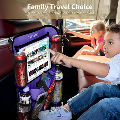 LUCMO Car Backseat Organizer with Touch Screen Tablet Holder, Dark Purple | 2 Pcs,9 Storage Pockets,Clear Tablet Holder,Protectors Kick Mats,Travel Accessories,Seat Cover,Road Trip Essentials - Image 7