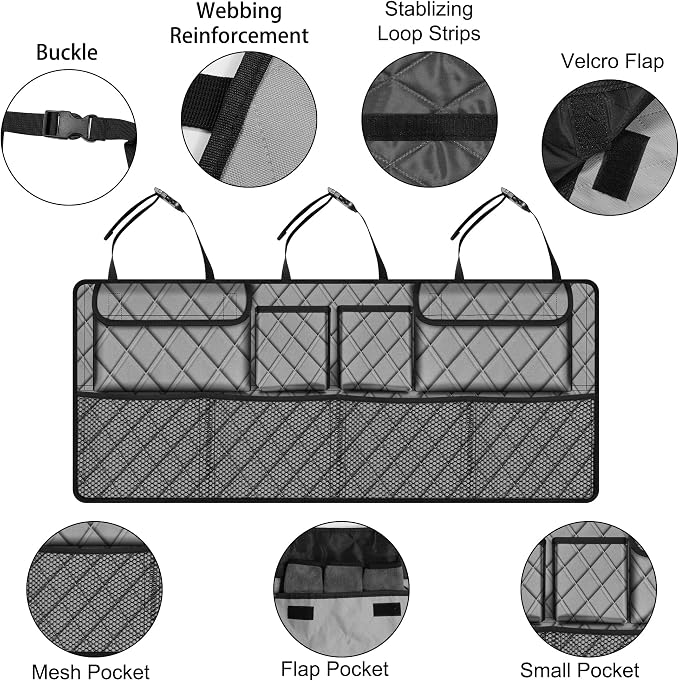 Femuar Car Trunk Organizer, Large Capacity Backseat Trunk Organizer (42"*18"), Collapsible Car Storage Bag with 8 Pockets, SUV/MPV/Truck - Grey - Image 4
