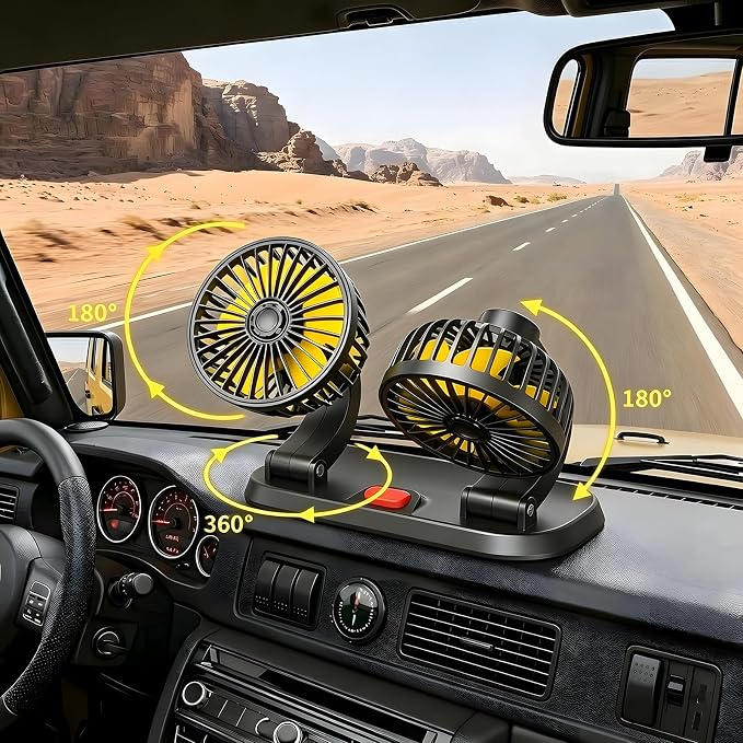 12V Dual Head Car Cooling Fan for Broken AC, 360° Rotatable | Cigarette Lighter Plug, 2-Speed Quiet Brushless. No-Block Dashboard Design. Light Truck, Van, RV, Backseat Passengers. - Image 3
