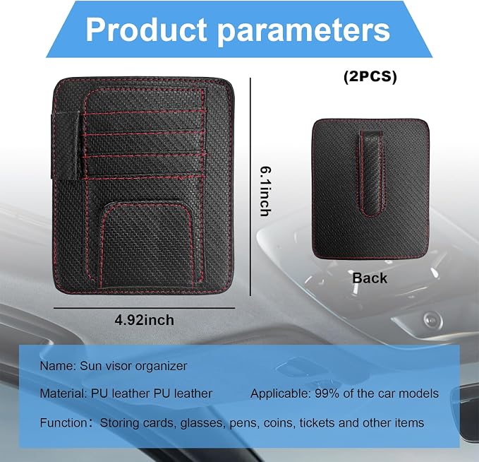Augeny 2 PCS Car Sun Visor Organizer, Auto Visor Organizer and Storage, Registration and Document Holder, Vehicle Accessories for Sunglasses Document Card Pen Driver License (Carbon Fiber Red Line) - Image 2