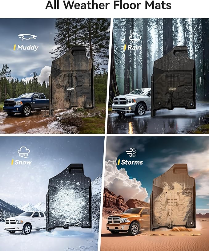 3W Floor Mats for 2013-2018 Dodge Ram 1500/2500/3500 Crew Cab | & 2019-2024 Dodge Ram 1500 Classic Crew Cab All Weather TPE Custome Fit Accessories Floor Liner for 1500 Full Set Car Mats - Image 7