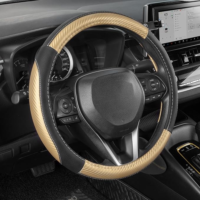 SEG Direct Car Steering Wheel Cover 14.5"-15" Golden Carbon Fiber Pattern | Universal Medium Standard Size 37-39cm for Car Truck SUV, Black Microfiber Leather, Non-Slip Grip, Auto Interior Accessories by SEGDirect