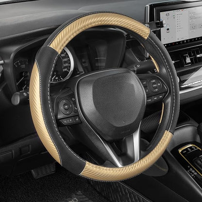 SEG Direct Car Steering Wheel Cover 14.5"-15" Golden Carbon Fiber Pattern | Universal Medium Standard Size 37-39cm for Car Truck SUV, Black Microfiber Leather, Non-Slip Grip, Auto Interior Accessories by SEGDirect