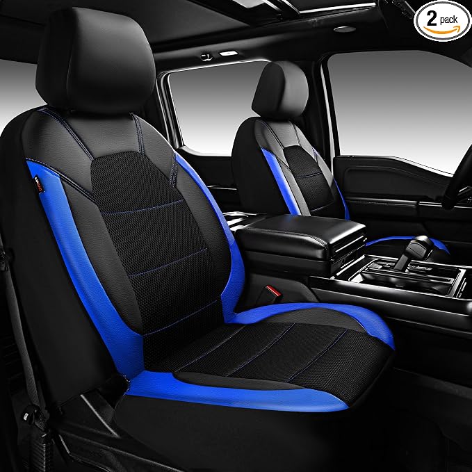 CAR PASS Leather Car Seat Covers Front Seats Only, with Air Mesh Front Seat Covers Breathable, Cool Automotive Seat Cover 2 Pack, Universal Fit Most Cars,SUV,Truck,Van Airbag Compatible(Black & Blue) by CARPASS
