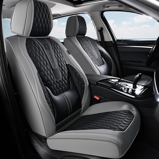 Coverado Front Seat Covers, Nappa Leather Seat Covers for Cars, Waterproof Seat Covers with Lumbar Support Universal Fit for Most Cars SUV Trucks (Front, Black-Gray) by COVERADOAUTO