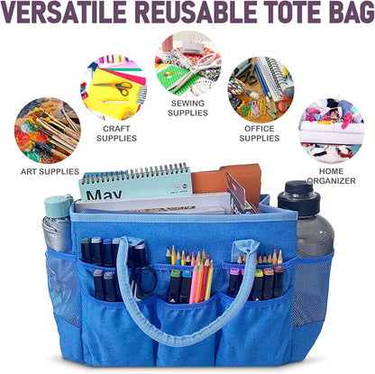 Cupohus Craft Organizer Tote Bag – Craft Caddy with 2 Mesh Side Pockets & Front Elastic Pockets, Foldable Large Capacity Supply Storage Bag for Sewing, Knitting, Painting, and Travel (Blue) - Image 2