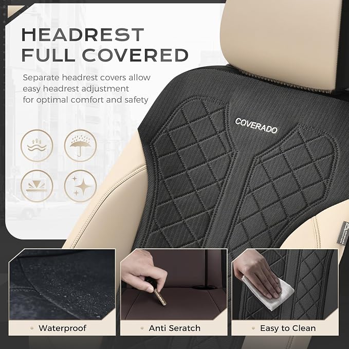 Coverado Front Seat Covers, Beige Seat Covers 2 Seats, Leather Car Protectors 2-Pack, Auto Seat Covers Spill-Proof Design Universal Fit for SUV, Vans, Sedan, Truck - Image 6
