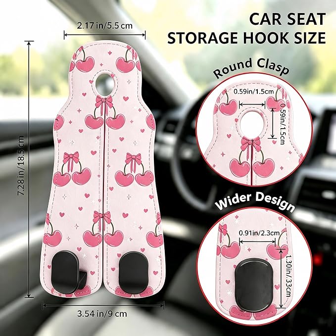 Car Seat Back Headrest Hooks - 2 Pack, Pink Cherry Bow Pattern Purse Hook for Car, Metal Leather Multifunctional Auto Hanger Organizer for Bags Water Bottles Phones - Image 2