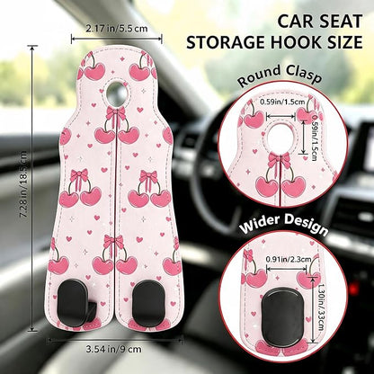Car Seat Back Headrest Hooks - 2 Pack, Pink Cherry Bow Pattern Purse Hook for Car, Metal Leather Multifunctional Auto Hanger Organizer for Bags Water Bottles Phones - Image 2
