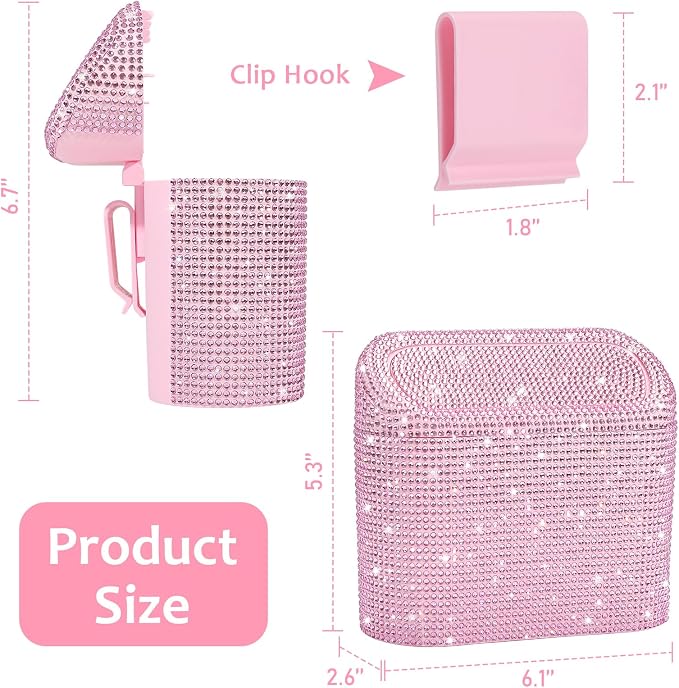 Accmor Bling Car Trash Can with Lid, Leak-Proof Mini Vehicle Trash Bin Automotive Dustbin Organizer Storage, Sparkling Crystal Trash Bag Container with 30pcs Garbage Bags for Car, Home, Office (Pink) - Image 2