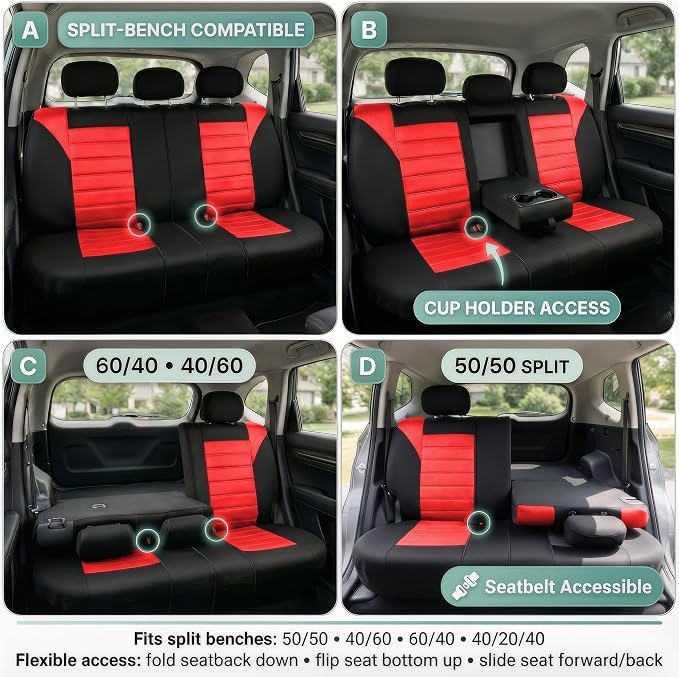 FH Group Automotive Car Seat Covers Rear Set Premium 3D Air Mesh Seat Covers, Airbag Compatible and Split Bench Cover Universal Fit Interior Accessories for Cars Trucks and SUVs - Red - Image 2