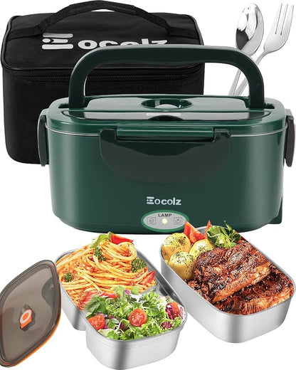 Electric Lunch Box Food Heater 80W for Adults, Portable Food Warmer Heated Lunch Box for Car Truck Work with 1.5L Stainless Steel Container Fork & Spoon 12/24/110V Lonchera Eléctrica Portátil by Eocolz