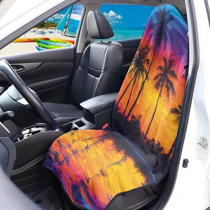 Front Car Seat Cover - Waterproof Sweat Towel Cover, Perfect for Gym, Runs, Swimming, Beach & Hiking - Fits Cars, SUVs, Trucks (Tropical Palm Tree, 2 Pcs) - Image 2