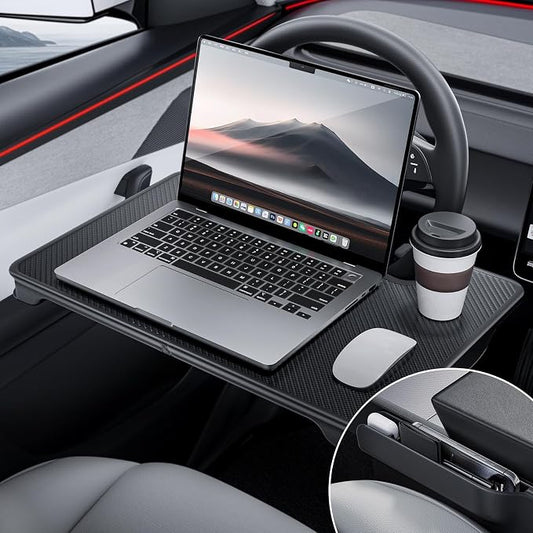 YONZEE 2-in-1 Car Steering Wheel Desk Tray & Car Seat Gap Filler Organizer – Foldable Carbon Fiber Look Table for Laptop, Eating Food, Writing – for Standard Round Steering Wheels by YONZEE