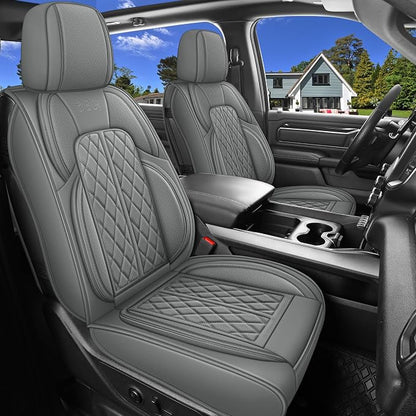 Car Seat Cover Custom Fit for Dodge Ram 1500 2500 3500 2002-2026 Faux Leather Seat Cover Set Compatible with Crew Quad Regular Cab Pickup Truck Cushions (Grey, Full Set, Flat Rear) by DuDuWang