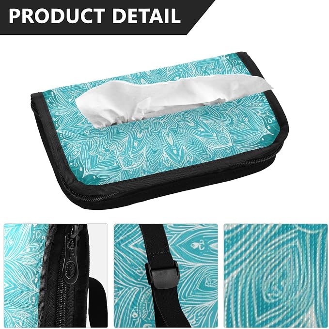 Car Tissue Holder Car Napkin Holder Tissue Box Dispenser Storage Case Sun Visor Mask Holder Accessories with Adjustable Straps Reusable Refillable Vintage Turquoise Mandala - Image 3