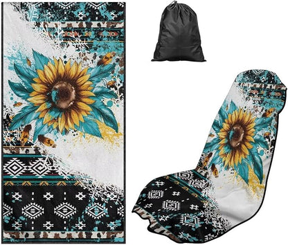 Aztec Sunflower Car Seat Cover Sweat Auto Front Seat Cover with Storage Bag Sunflower Print Car Seat Protector Aztec Tribal Auto Interior Accessories Running Swimming Hiking Universal Towels by YMPUDXFI