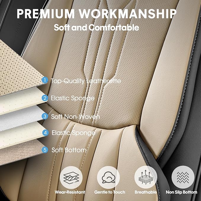 Car Seat Covers Custom Fit for Ford F150 2009-2026, Faux Leather Seat Cover Set for 2017-2026 F250 F350 F450, Acommodating Regular Cab Super Cab Super Crew Pickup Truck Cushions(BeigeBlack, Full Set) - Image 4