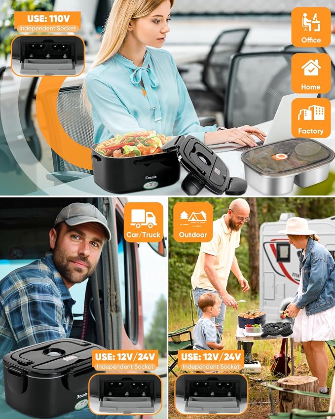 Eocolz Electric Lunch Box Food Heater 80-100W, Food Warmer with Dual Container 1.5L Portable Heated Lunch Box for Car Truck Work Stainless Steel Fork & Spoon 12/24/110V for Adults Lonchera Eléctrica - Image 2