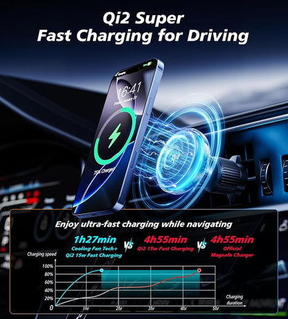 for Qi2 15W MagSafe Car Mount Charger with Cooling Fan, [Rapid Charging Cooler with RGB Lights], 78+LBS Stronger Suction Wireless Magnetic Mount on Vent/Dash/Windshield, for iPhone 17 16 15 14 13 12 - Image 3