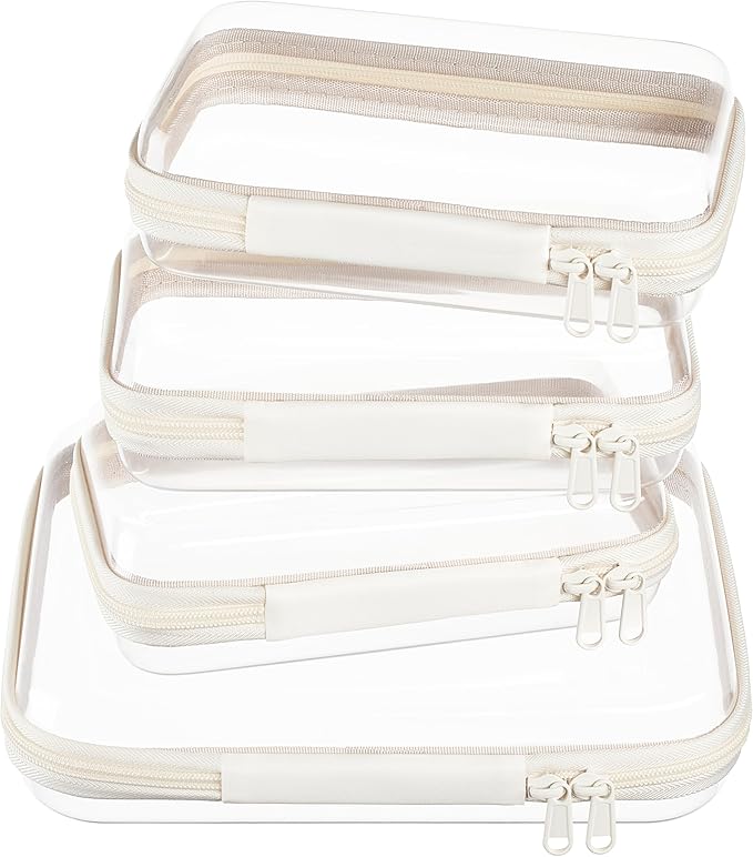 4 pcs Clear Zipper Pouches,Hard Shell Zipper Case, Toiletry Bag for Travel | CLear Diaper Bag, Toiletry Pouch, Travel Organizer, Cosmetic Bag,Toy Storage Bins (M+3S)(Ivory) by WELPIRT