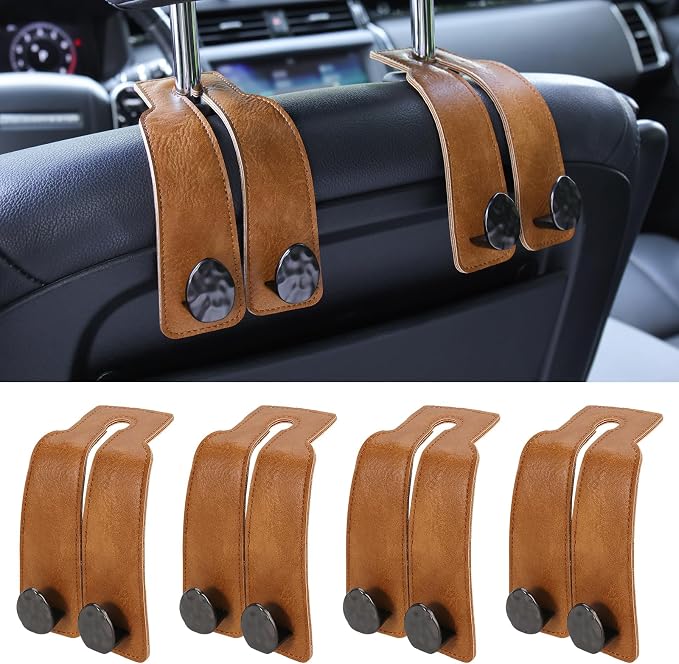 4 PCS Leather Car Seat Hooks for Headrest, Vehicle Hanger Storage Organizer Universal for Handbag Purse, Car Accessories Gift (Brown-Black-4 PCS) by Fashion