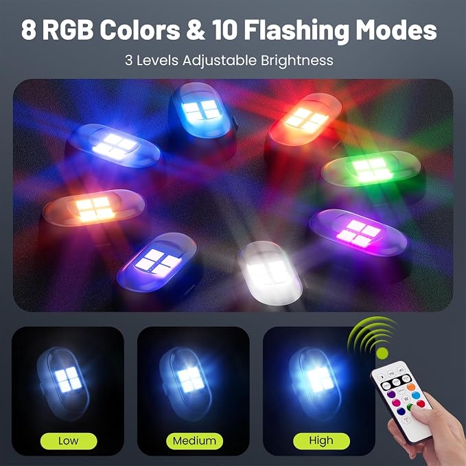 Wireless LED Lights for Car 4PCS, Interior Car Lights with Remote, USB-C Charging Strobe Lights, 80H Battery 8 RGB Colors IP65 Waterproof Ambient Lighting Car Accessories for Trucks Motorcycles Bike - Image 5