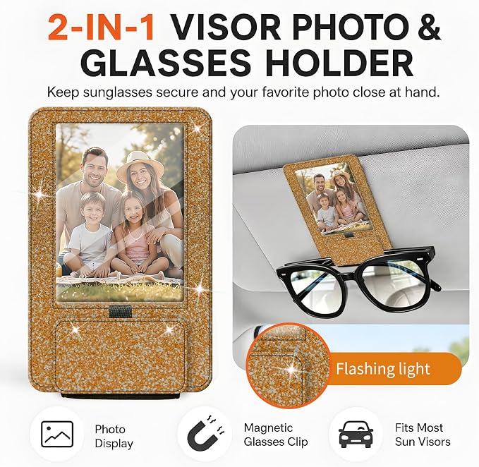 2-in-1 Car Visor Sunglasses & Photo Holder, Magnetic PU Leather Glasses Clip with Picture Display Slot, Universal Sun Visor Organizer for Eyeglasses, Personalized Cards & Memories, Gold Bronze Glitter - Image 3
