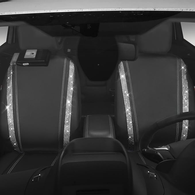 CAR PASS Leather Bling Diamond Car Seat Cover 2 Front Interior Sets, Waterproof Universal Shining Glitter Crystal Sparkle Fit for 95% Automotive Truck SUV Cute Women Girl, Black Silver Rhinestone - Image 6