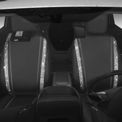 CAR PASS Leather Bling Diamond Car Seat Cover 2 Front Interior Sets, Waterproof Universal Shining Glitter Crystal Sparkle Fit for 95% Automotive Truck SUV Cute Women Girl, Black Silver Rhinestone - Image 6