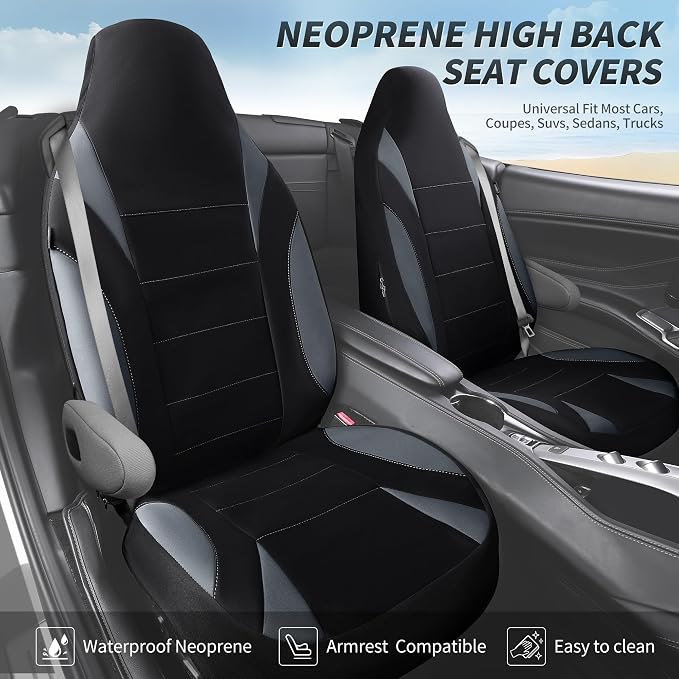 CAR PASS Waterproof High Back Car Seat Covers Front Seats with Armrest Gray | Neoprene Bucket Seat Cover, Airbag and Armrest Compatible, Built-In Seatbelt Universal Fit for Cars,Truck, Van, SUV - Image 2