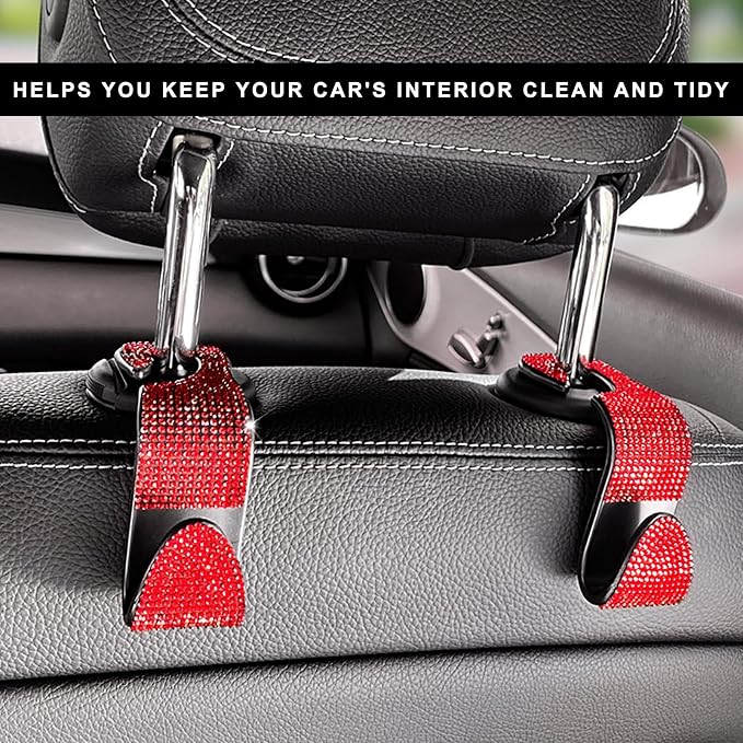 4 PCS Car Seat Headrest Hooks, Bling Crystal Rhinestone Back Seat Hanger Storage Organizer, Sparkly Seatback Holder Hooks for Purse and Bags Universal For Most Vehicles (Red) - Image 4