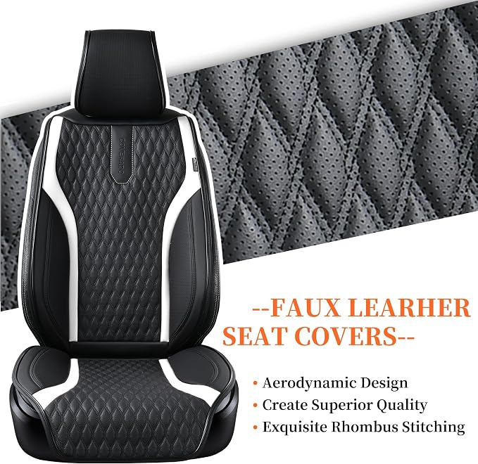 Coverado Front Seat Covers, 2PCS Waterproof Seat Covers for Cars, Car Seat Cushion Waterproof Leather Car Seat Protector, Driver Seat Cover Universal Fit for Most Sedans SUV Truck Black&White - Image 6