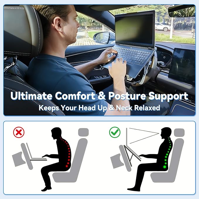 Car Laptop Mount steering Wheel Tray Holder, Height Adjustable Car Desk for Laptop iPad Computer Tablet, Foldable Portable Lap Laptop Stand for Car Vehicle Workstation for Truck SUV Tesla Motorhome - Image 2
