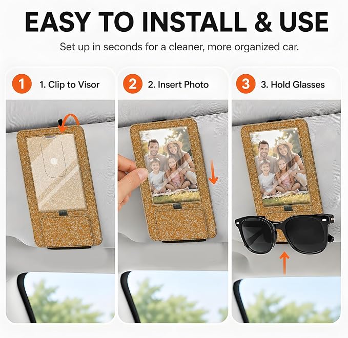 2-in-1 Car Visor Sunglasses & Photo Holder, Magnetic PU Leather Glasses Clip with Picture Display Slot, Universal Sun Visor Organizer for Eyeglasses, Personalized Cards & Memories, Gold Bronze Glitter - Image 4