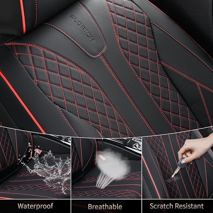 FLORICH Leather Seat Covers Car Seat Cover Front and Rear Seat Cover 5 Seats Automotive Seat Covers Waterproof Seat Covers for Cars Universal Fit for Most Cars SUV Trucks, Black&Red Line - Image 6
